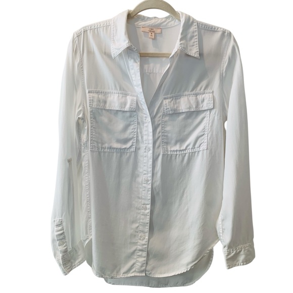 Como Vintage Tops - COMO VINTAGE Women’s White Long-sleeve V-neck Button Shirt with Pockets Small